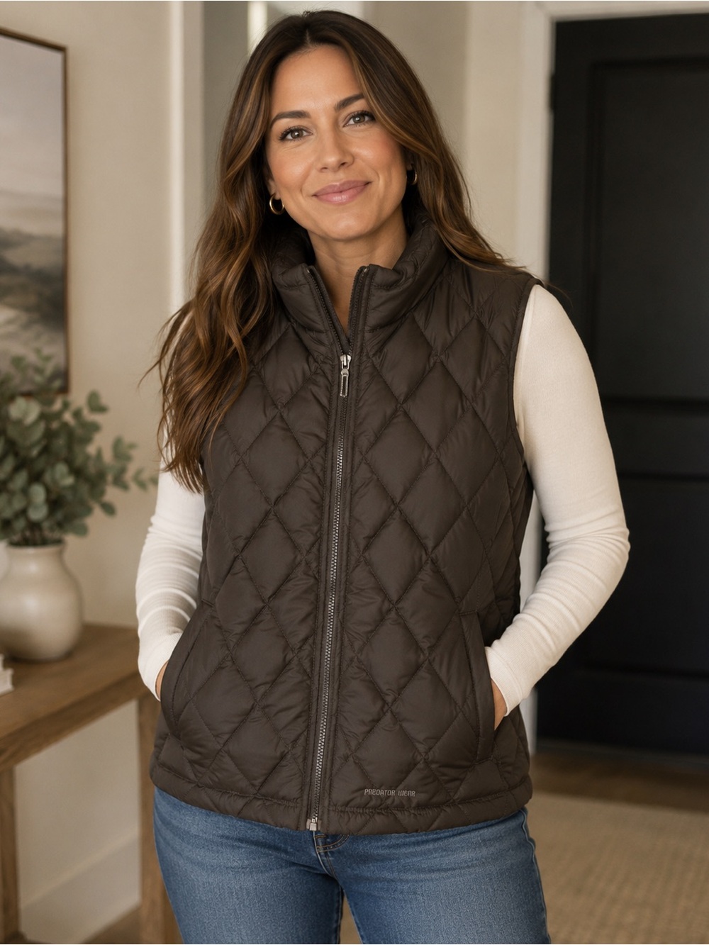 Predator Women's Down Puffer Vest Brown Quilted Jacket - Size Large